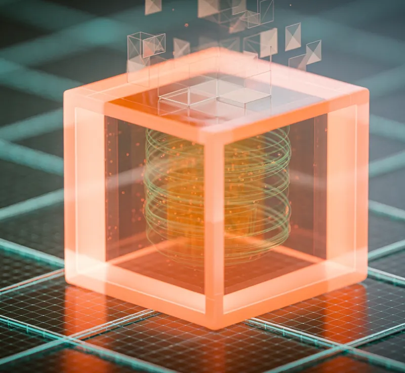 Leuchtender Korall-Glaswürfel mit AI-Spirale auf dunklem Teal-Raster