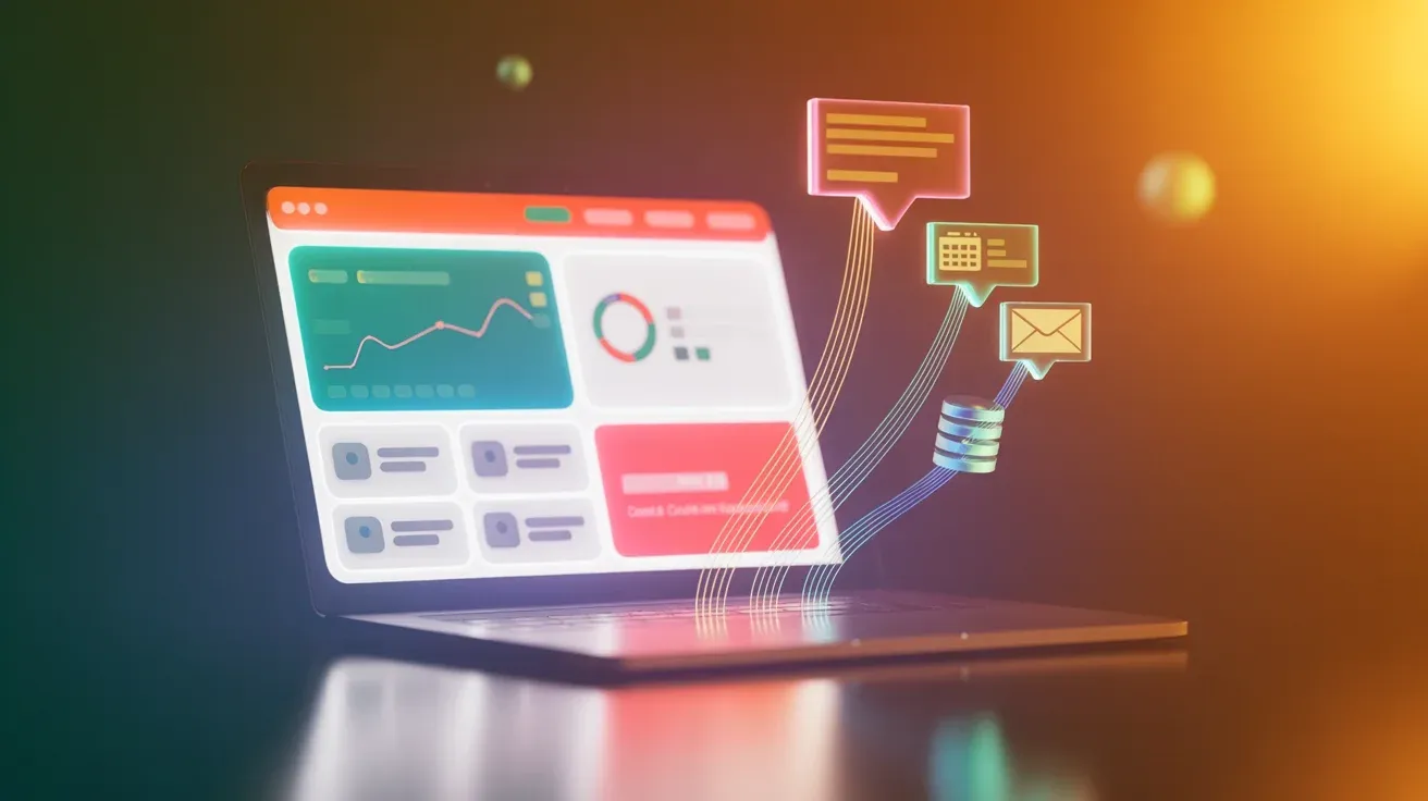 Abstrakte Darstellung eines AI-Chatbot-Gesprächs mit vernetzten Chat-Blasen und Integrations-Symbolen