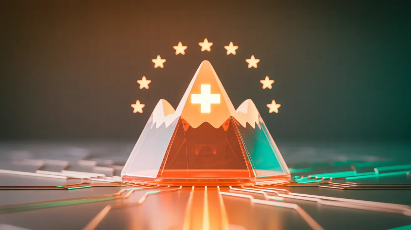 Abstraktes Schild-Symbol mit Schweizer Kreuz und digitalen Verbindungslinien — steht für AI-Datenschutz für Schweizer KMU