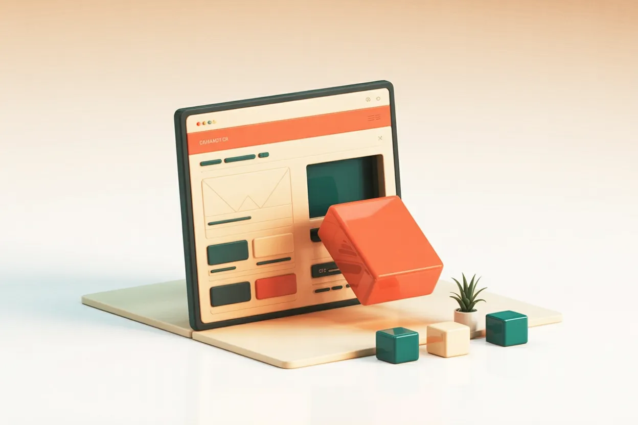 3D-Illustration: ein Bildschirm zeigt eine im Aufbau befindliche Website, deren Inhaltsblöcke in Korall- und Petrol-Tönen an ihren Platz gesetzt werden — Payload als flexibles CMS, das Websites Baustein für Baustein zusammensetzt.