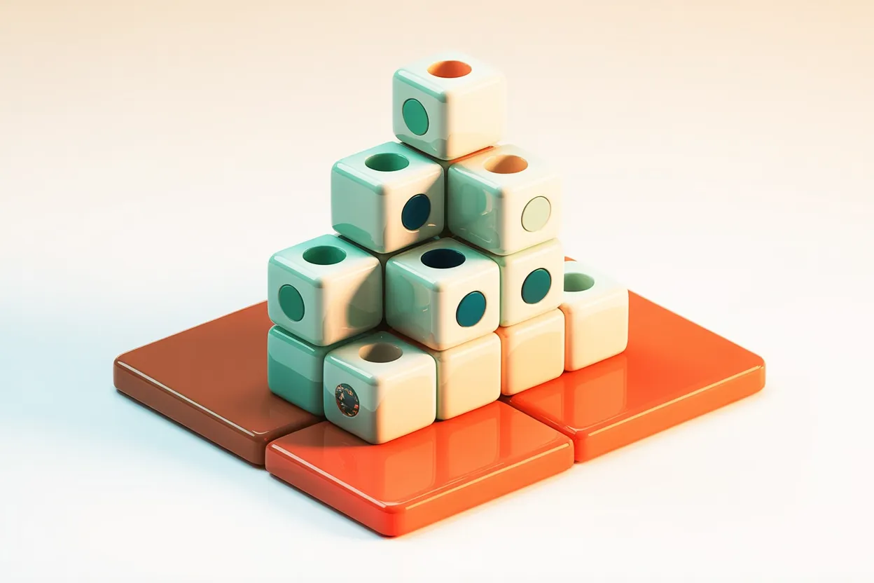Gestufte Pyramide aus modularen Keramik-Bausteinen auf korallenfarbener Plattform — Strapi als offenes, selbst gehostetes Headless CMS mit Baukasten-Prinzip