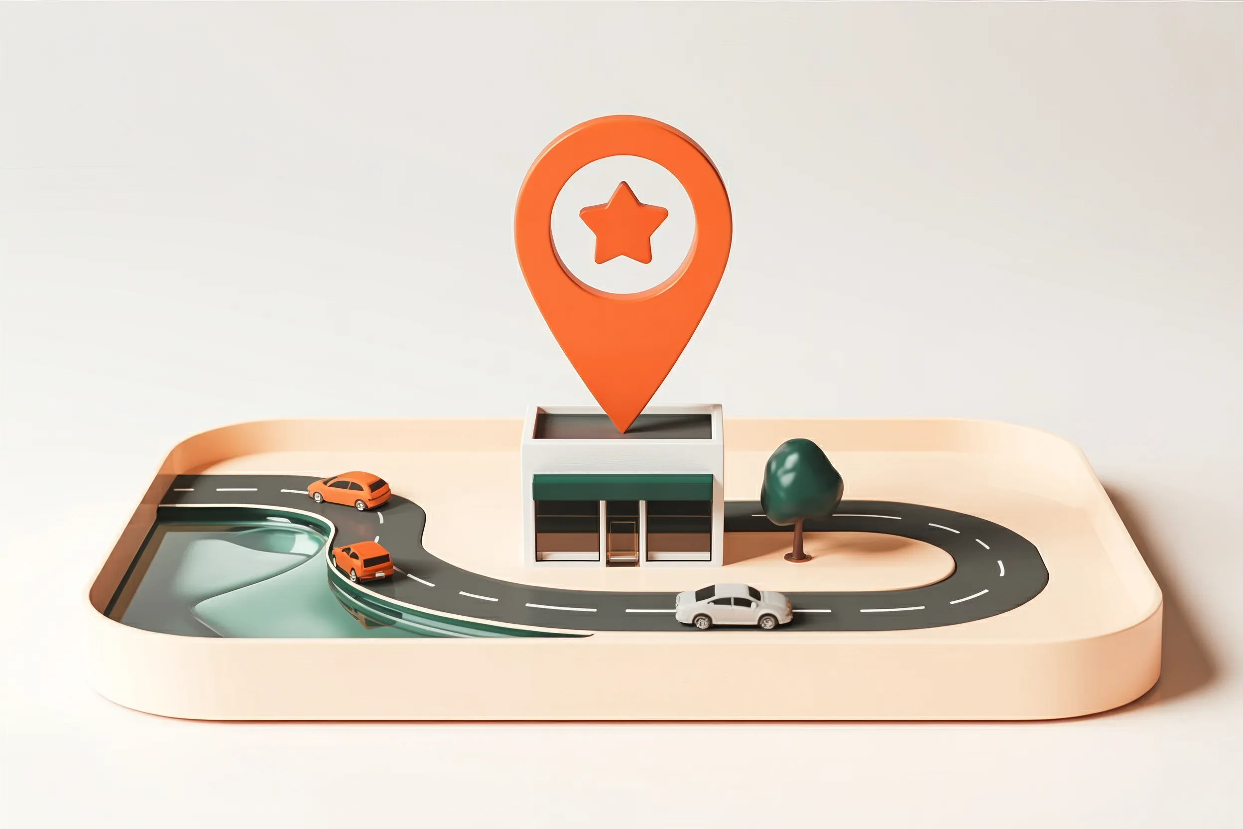 Miniatur-3D-Stadtkarte auf beigem Tray: geschwungene graue Strasse mit kleinen Spielzeug-Autos, ein gläserner Fluss und ein Baum neben einem kleinen Storefront — direkt darüber schwebt ein orangefarbener Google-Maps-Pin mit Stern in der Mitte. Sinnbild für ein lokales KMU, das auf seiner Ortskarte sichtbar wird