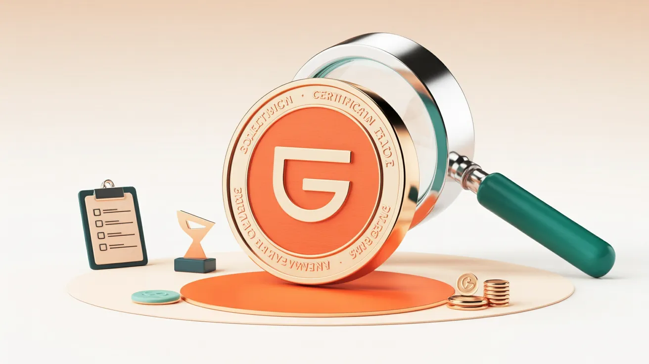Miniatur-3D-Szene mit polierter Auszeichnungs-Medaille, kleiner Lupe mit türkisem Griff, Klemmbrett, Trophäe und Münzstapel auf cremefarbenem Studio-Untergrund.