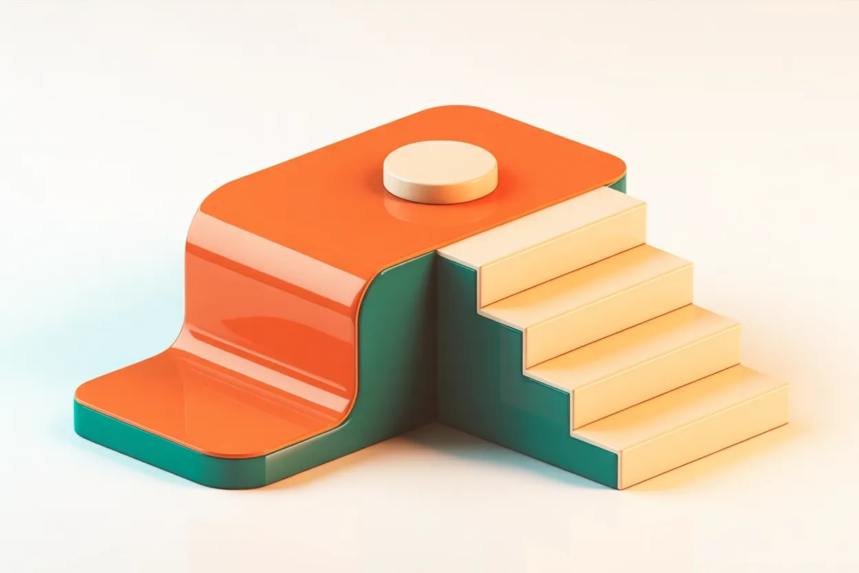 3D-Render eines Bauplans mit Wänden und Räumen, überlagert von coralfarbenen HTML-Tags – Sinnbild für HTML als tragende Struktur einer Website