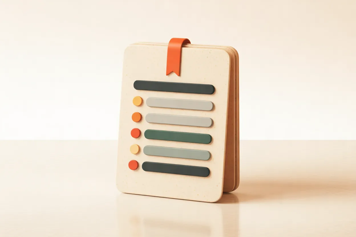 Aufrecht stehende cremefarbene Karte mit orangem Lesezeichenband, dunklem Titelbalken und fünf Zeilen aus farbigen Punkten und abgerundeten Balken auf cremefarbener Fläche