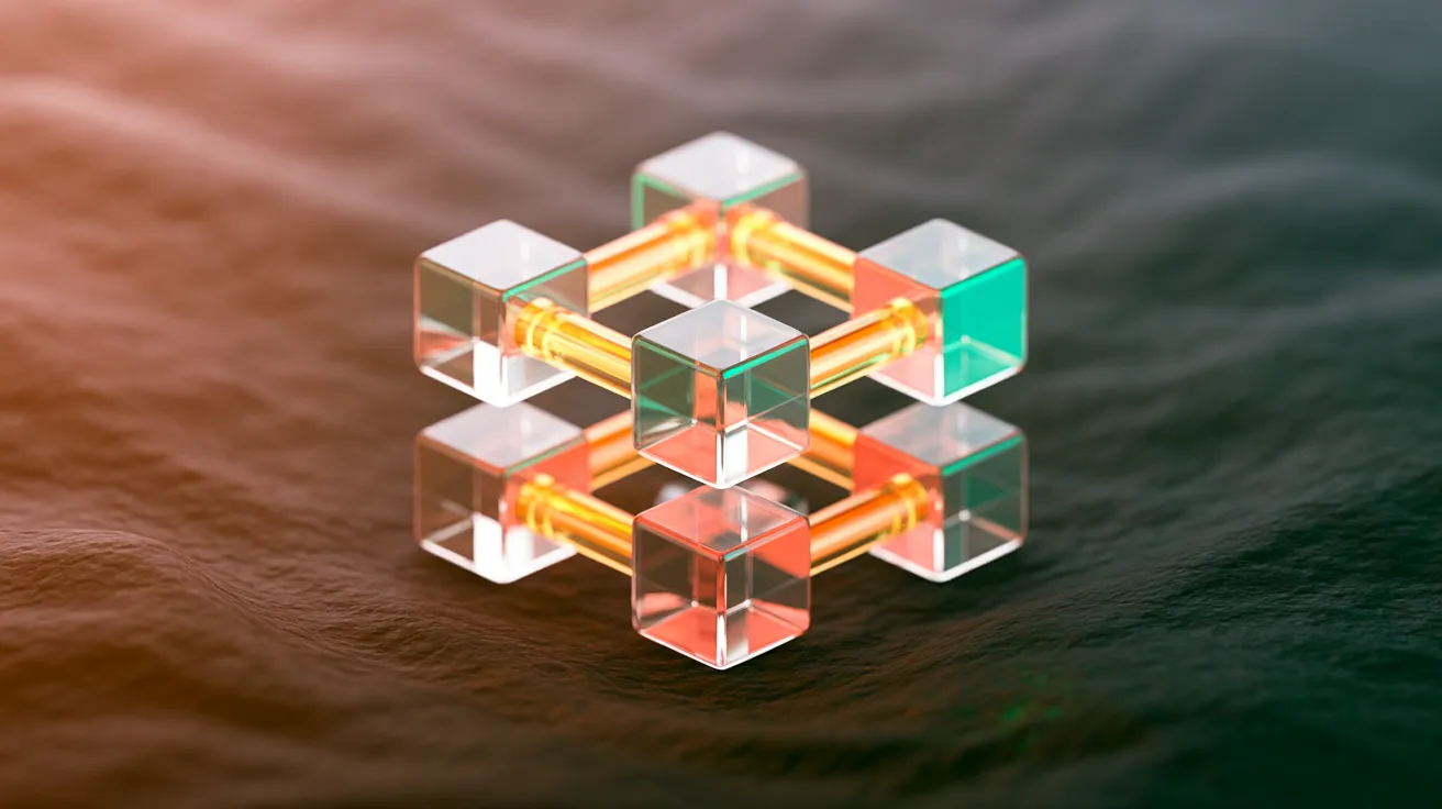 Abstrakte Darstellung vernetzter Workflow-Knoten in warmen Korall- und Teal-Tönen — n8n Automatisierung