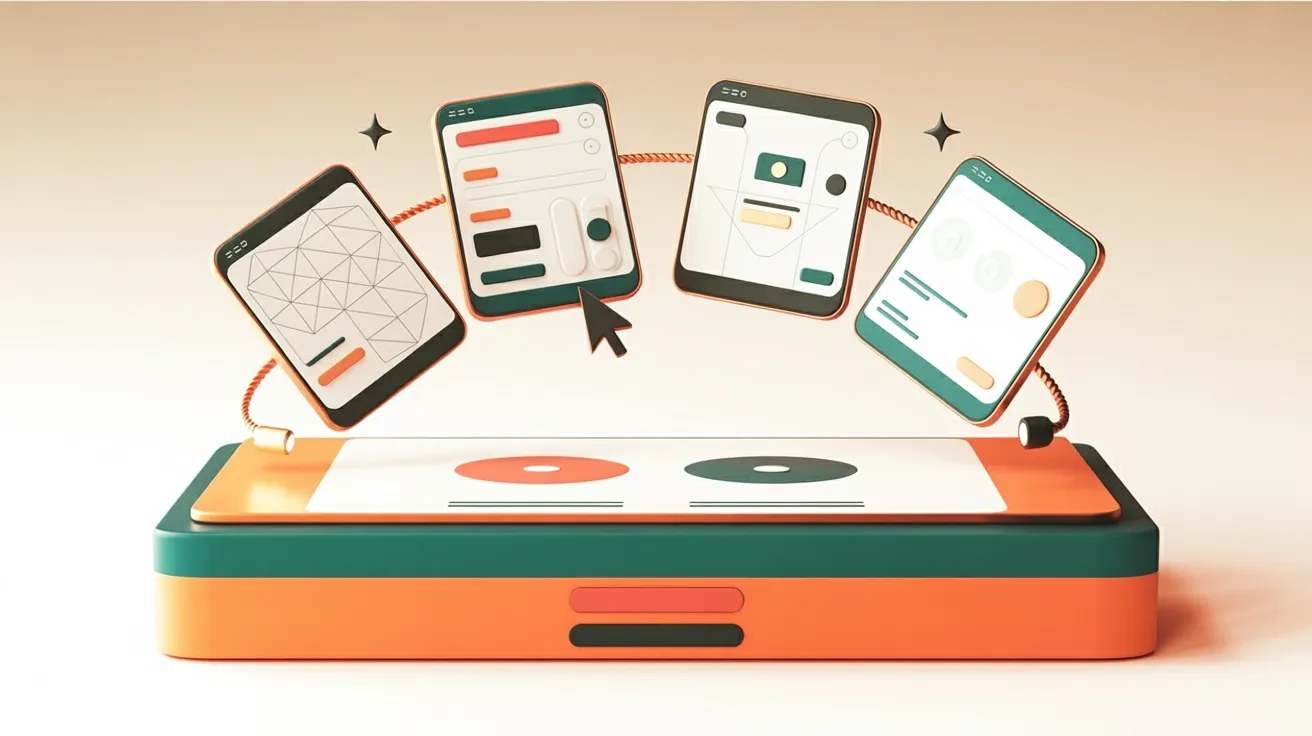 Abstrakte 3D-Darstellung eines iterativen Designprozesses mit Wireframes und fertigen Interfaces in warmen Korall- und Teal-Tönen