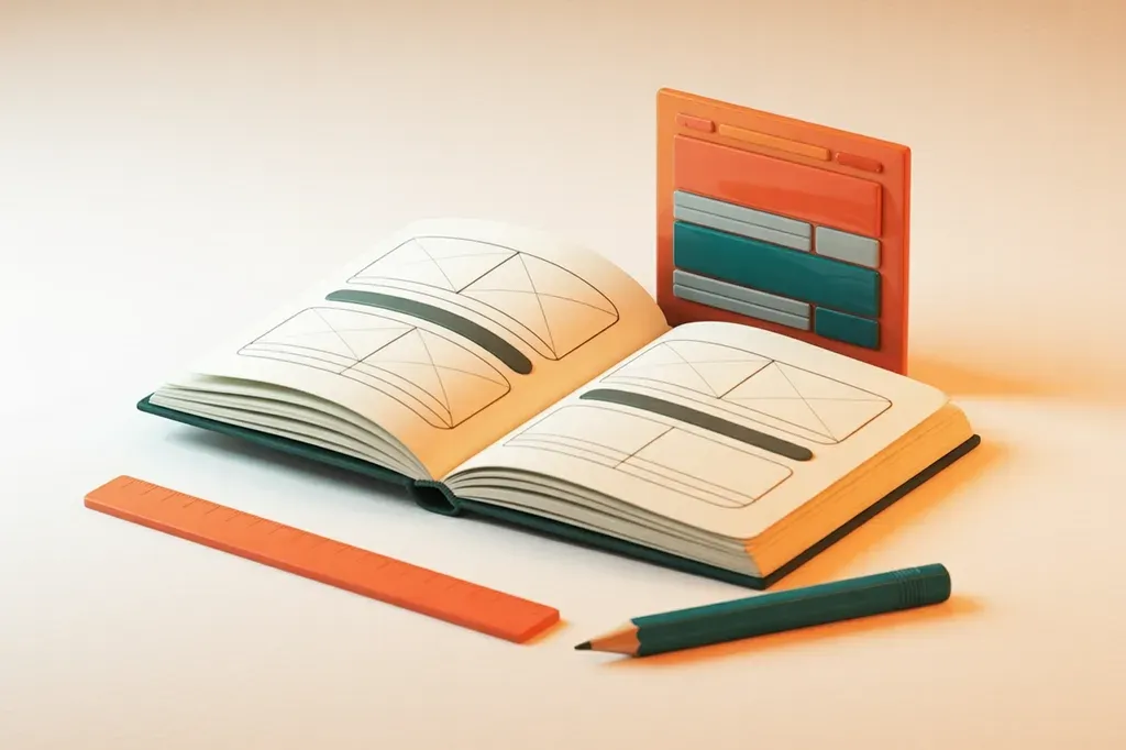 Aufgeschlagenes Planbuch mit Wireframe-Skizzen einer Website, dahinter das fertige Layout in Coral und Petrol, daneben Lineal und Stift — Sinnbild für die Konzeption vor dem Design