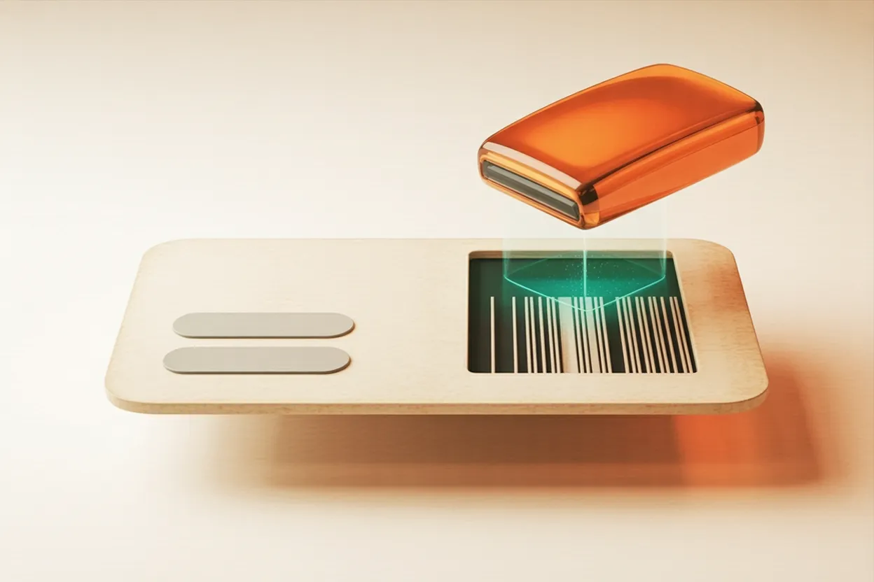 Cremefarbene Visitenkarte mit Strichcode, über dem ein orangeroter Handscanner einen blaugrünen Lichtstrahl wirft – Sinnbild für maschinenlesbare Firmendaten