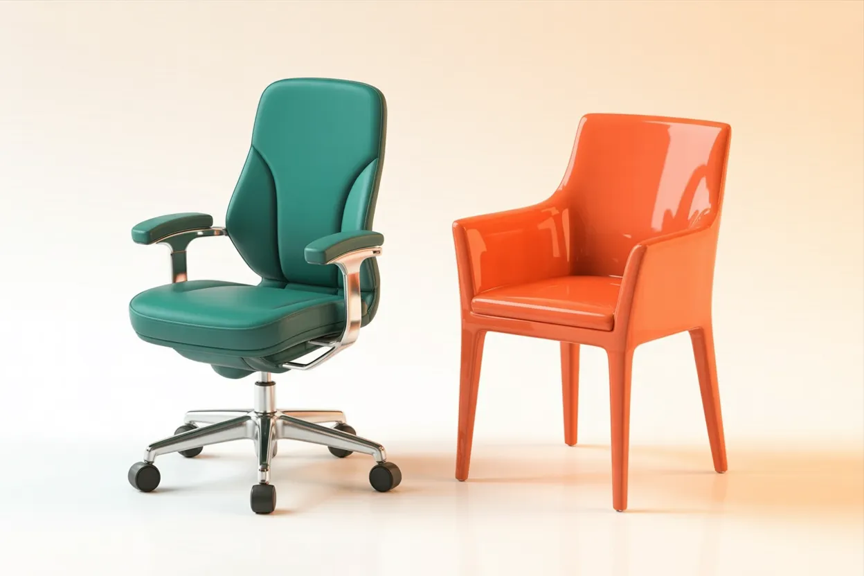 Abstrakte 3D-Illustration zum Thema UX vs. UI Design: zwei unterschiedliche Formen — eine funktional-glatt, eine rein dekorativ — stehen für die Unterschied zwischen User Experience und Interface Design