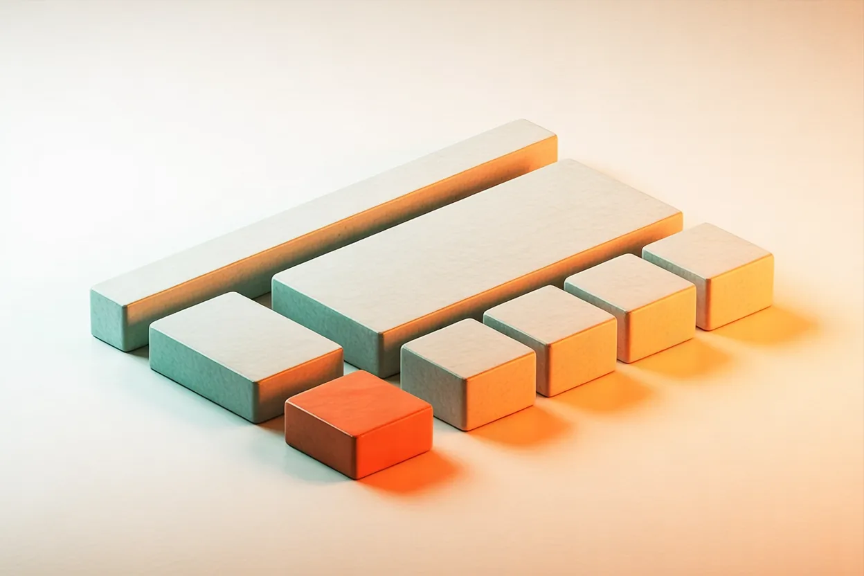 3D-Render von weissen Gipsblöcken als Seitenlayout: ein schmaler Balken oben, ein grosser Block darunter, kleinere Blöcke in einer Reihe und ein einziger orangeroter Block als Akzent – Sinnbild für den Wireframe als Grundriss einer Website